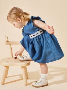 蕾絲拼接 揉皺 拉鍊撞色嬰兒連衣裙 - 藍色 - 查看 4