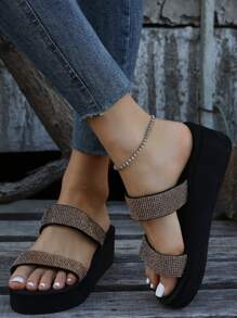 Women Rhinestone Decor Double Strap Slides, Glamorous Outdoor Glass Slides