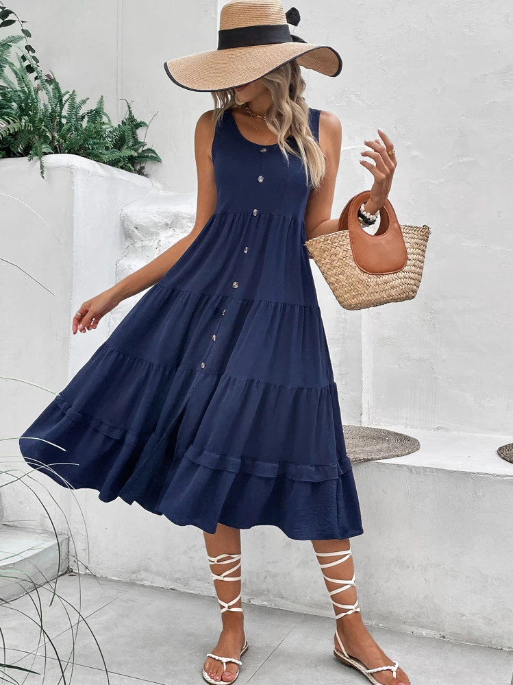 Breezaya Button Front Ruffle Hem Smock Dress - Navy Blue - View 1
