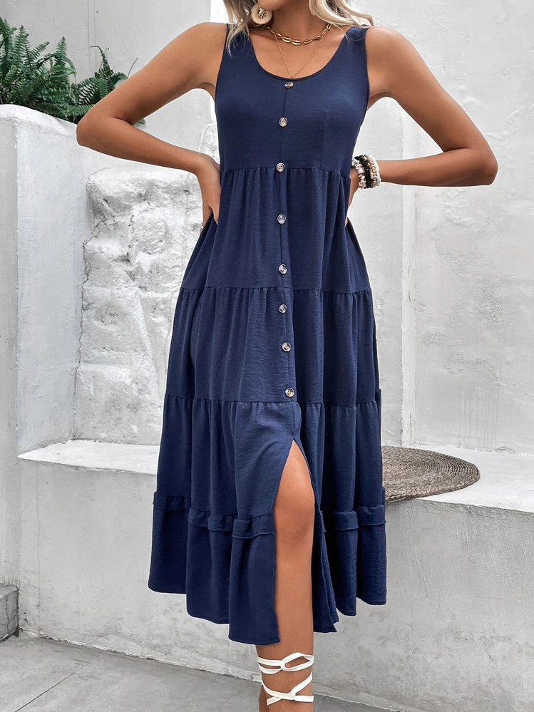 Breezaya Button Front Ruffle Hem Smock Dress - Navy Blue - View 3