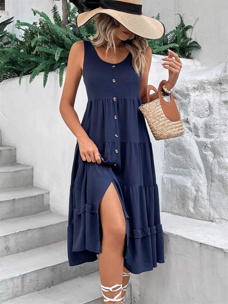 Breezaya Button Front Ruffle Hem Smock Dress - Navy Blue - View 4