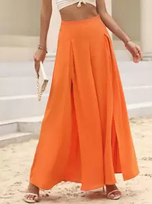 SHEIN VCAY Solid Split Thigh Wide Leg Trousers - Orange - View 1
