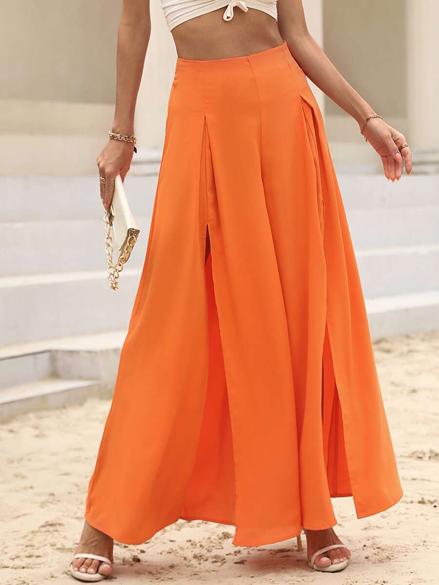SHEIN VCAY Solid Split Thigh Wide Leg Trousers - Orange - View 1