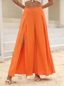 SHEIN VCAY Solid Split Thigh Wide Leg Trousers - Orange - View 3