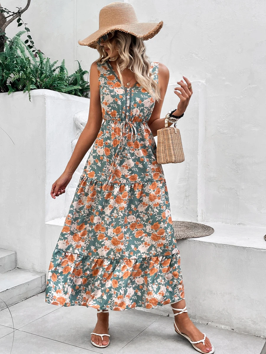 Breezaya Allover Floral Print Ruffle Hem Belted Dress Maxi Vacation Beach Outfits Women - Dusty Blue - View 1