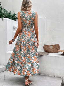 Breezaya Allover Floral Print Ruffle Hem Belted Dress Maxi Vacation Beach Outfits Women - Dusty Blue - View 2