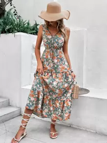 Breezaya Allover Floral Print Ruffle Hem Belted Dress Maxi Vacation Beach Outfits Women - Dusty Blue - View 4