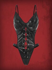 ROMWE Grunge Punk Lace Up Front PU Teddy Bodysuit Lingerie - Black - View 1