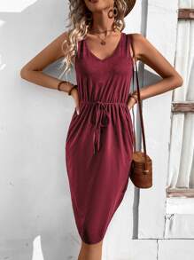 SHEIN LUNE 素色腰部抽繩背心連衣裙 - 酒紅色 - 查看 6