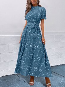 SHEIN Clasi Đầm viền lá sen Thắt lưng Chấm bi Giải trí - Màu xanh lam - Xem 1