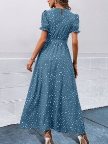 SHEIN Clasi Đầm viền lá sen Thắt lưng Chấm bi Giải trí - Màu xanh lam - Xem 2