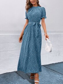 SHEIN Clasi Đầm viền lá sen Thắt lưng Chấm bi Giải trí - Màu xanh lam - Xem 3