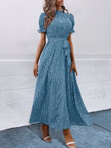 SHEIN Clasi Đầm viền lá sen Thắt lưng Chấm bi Giải trí - Màu xanh lam - Xem 4