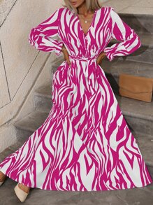 SHEIN Privé Đầm Xù Trọn gói Sọc ngựa vằn Giải trí - Đỏ và trắng - Xem 1