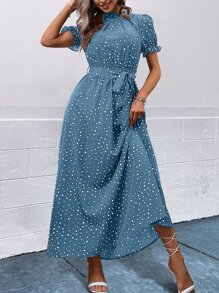 SHEIN Clasi Đầm viền lá sen Thắt lưng Chấm bi Giải trí - Màu xanh lam - Xem 6