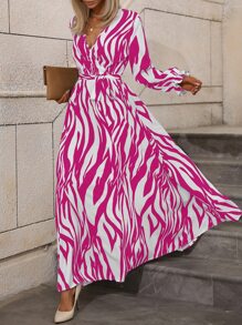 SHEIN Privé Đầm Xù Trọn gói Sọc ngựa vằn Giải trí - Đỏ và trắng - Xem 3