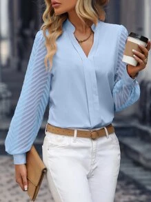 SHEIN Clasi Solid Notched Neckline Contrast Mesh Lantern Sleeve Blouse Fall Cloth For Women