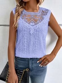 Breezaya Guipure Lace Insert Keyhole Back Lace Tank Top - Lilac Purple - View 1