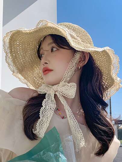 1 件女式蕾丝边波西米亚风格草帽，适合户外情人节