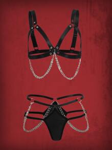 ROMWE Grunge Punk Set de lencería con diseño de cadena arnés - Negro - Ver 1