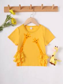 SHEIN Young Girl Cartoon Graphic Ruffle Trim Tee - Yellow - View 1