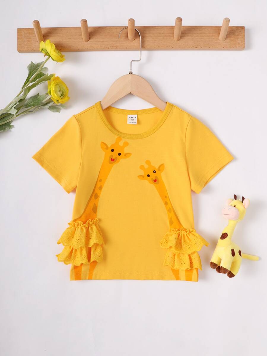SHEIN Young Girl Cartoon Graphic Ruffle Trim Tee - Yellow - View 1