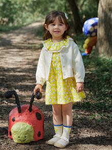 Niñas con estampado floral ribete con fruncido Vestido & Cazadora - Beis - Ver 1