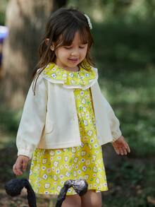 Niñas con estampado floral ribete con fruncido Vestido & Cazadora - Beis - Ver 4