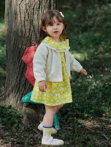 Niñas con estampado floral ribete con fruncido Vestido & Cazadora - Beis - Ver 8