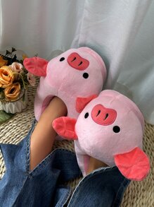 女士卡通小猪拖鞋，包头家居鞋，温暖舒适，秋冬 - 粉色 - 查看 2