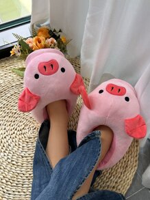 女士卡通小猪拖鞋，包头家居鞋，温暖舒适，秋冬 - 粉色 - 查看 4