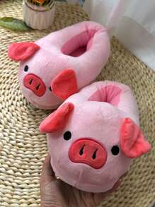 女士卡通小猪拖鞋，包头家居鞋，温暖舒适，秋冬 - 粉色 - 查看 5
