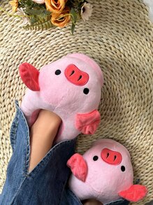 女士卡通小猪拖鞋，包头家居鞋，温暖舒适，秋冬 - 粉色 - 查看 7