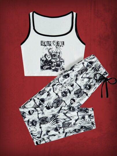 Grunge Punk Letter Skull Graphic Ringer Pajama Set