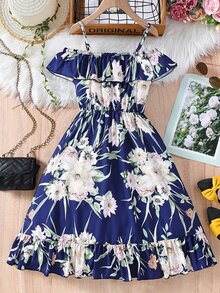 Chicas Vestido con estampado floral de hombros descubiertos ribete con fruncido - Multicolor - Ver 2