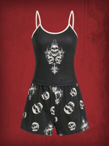 ROMWE Grunge Punk Skull Print Contrast Binding PJ Set, School - Black - View 1