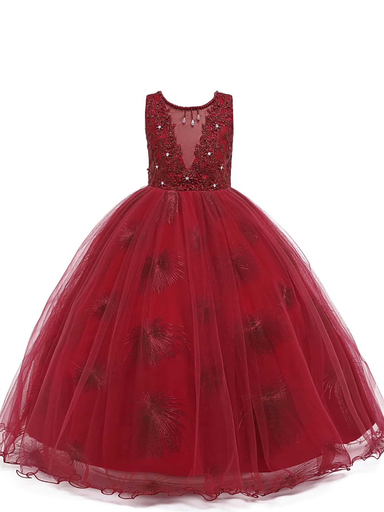 Vestido de fiesta de graduación rojo de malla bordada para niña preadolescente - Rojo - Ver 1