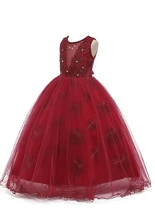 Vestido de fiesta de graduación rojo de malla bordada para niña preadolescente - Rojo - Ver 3
