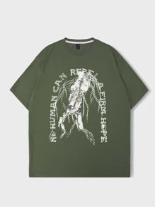ROMWE MEN Hombres Camiseta con slogan con estampado de esqueleto - Verde militar - Ver 1
