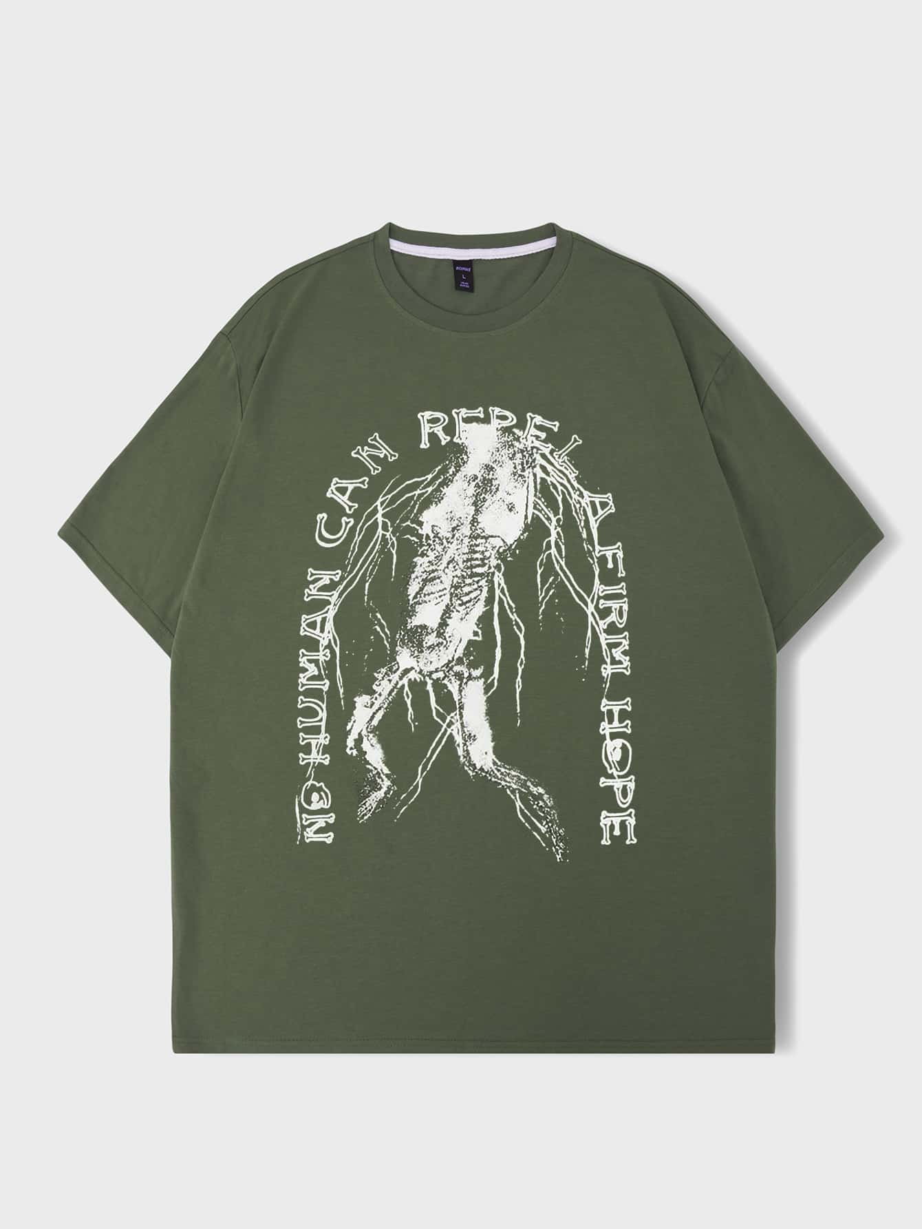 ROMWE MEN Hombres Camiseta con slogan con estampado de esqueleto - Verde militar - Ver 1
