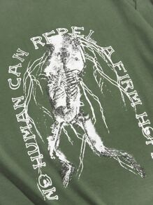 ROMWE MEN Hombres Camiseta con slogan con estampado de esqueleto - Verde militar - Ver 3