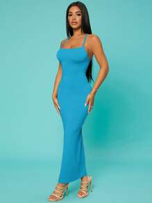 SHEIN SXY Đầm Lộ Lưng Hội Chữ thập màu trơn Gợi cảm - Màu xanh bạc hà - Xem 4