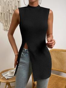 EMERY ROSE Top tank de cuello alto bajo con abertura - Negro - Ver 3