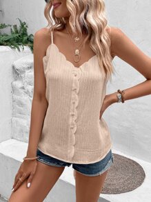 Breezaya Scallop Trim Button Front Cami Top - Apricot - View 5
