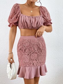 SHEIN VCAY Ruched Bust Puff Sleeve Crop Lace Top & Ruffle Hem Skirt - Dusty Pink - View 1