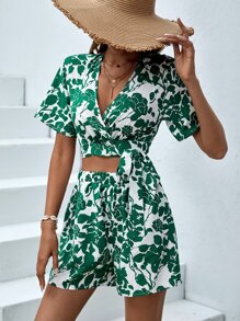 SHEIN VCAY Bộ đồ hai mảnh nữ Thắt nút Trọn gói Hoa Tất cả trên in Boho - Nhiều màu - Xem 4