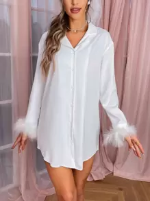 Fuzzy Cuff Curved Hem Night Dress - White - View 3