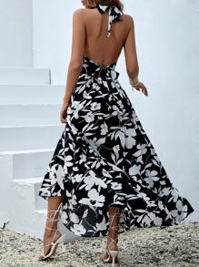 SHEIN VCAY 印花交叉後背繫帶掛脖洋裝 - 黑色 - 查看 4