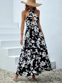 SHEIN VCAY 印花交叉後背繫帶掛脖洋裝 - 黑色 - 查看 5