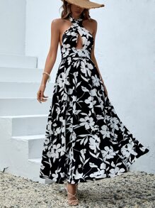 SHEIN VCAY 印花交叉後背繫帶掛脖洋裝 - 黑色 - 查看 3